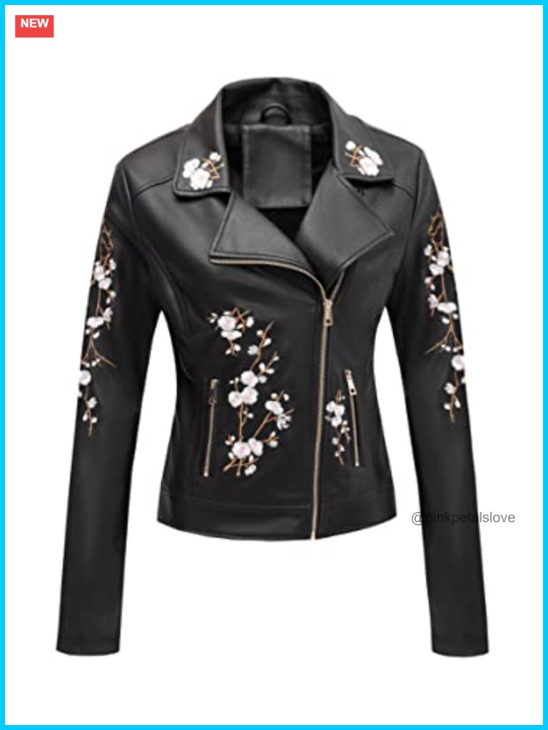 Faux Leather Embroidered Moto Jacket Floral Lightweight For Spring Fall
